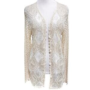 Vintage Boho Crochet Open Knit Long Cardigan Cream Beaded Romantic Layerable